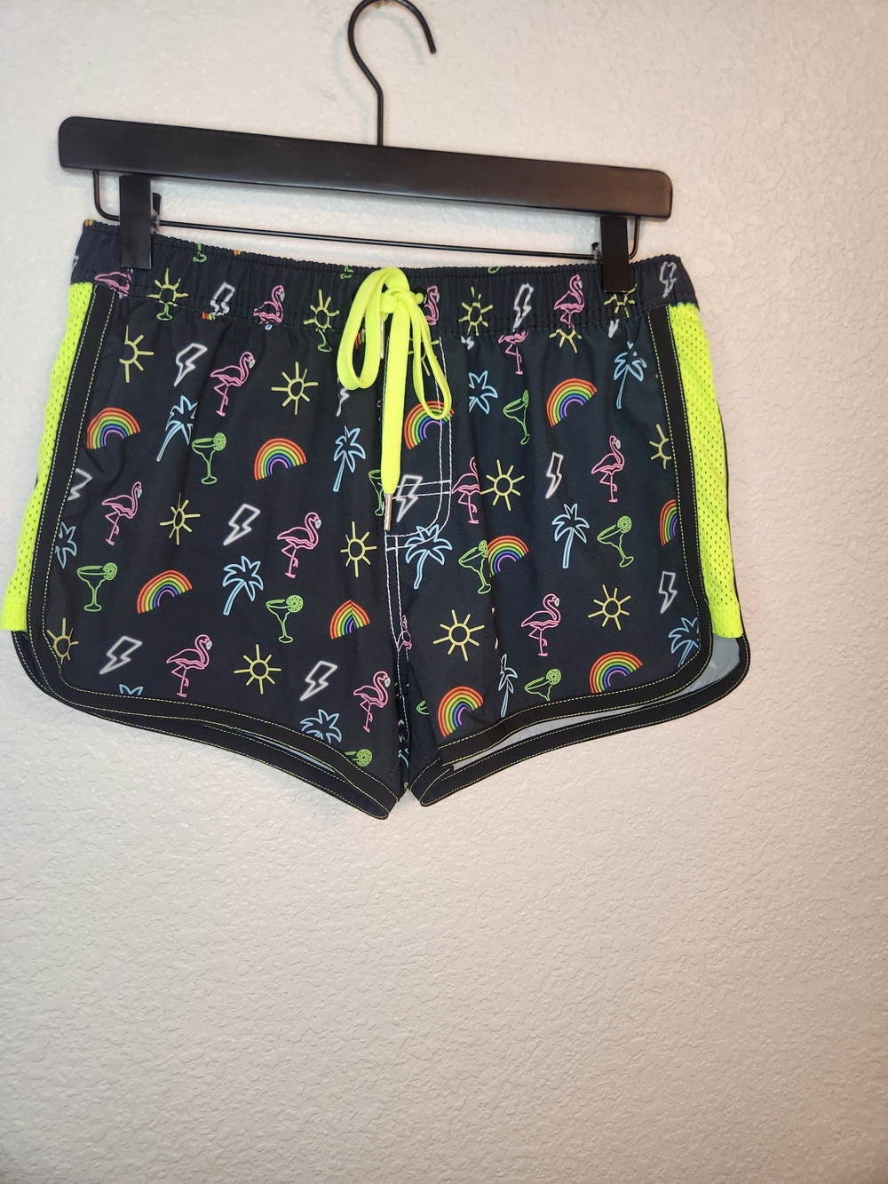 Andrew christian Neon Trim Black men's swim trunns Shorts with Tropical Print M